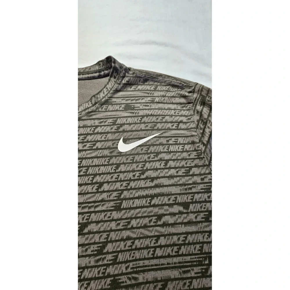Nike Dri-FIT Mens XL T-Shirt Olive Green Black All Over Logo Print Training Top